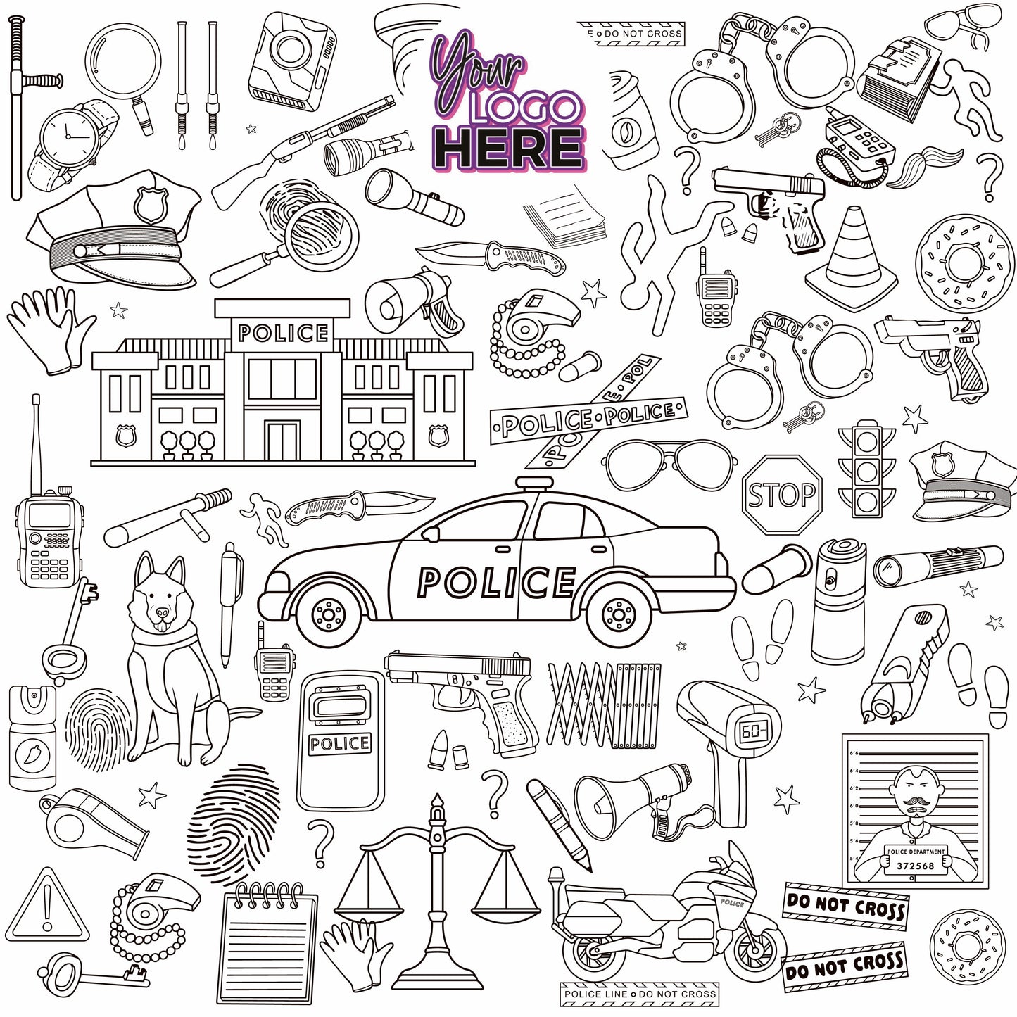 Police Adventure coloring wall with custom logo placement, 48x48 inches