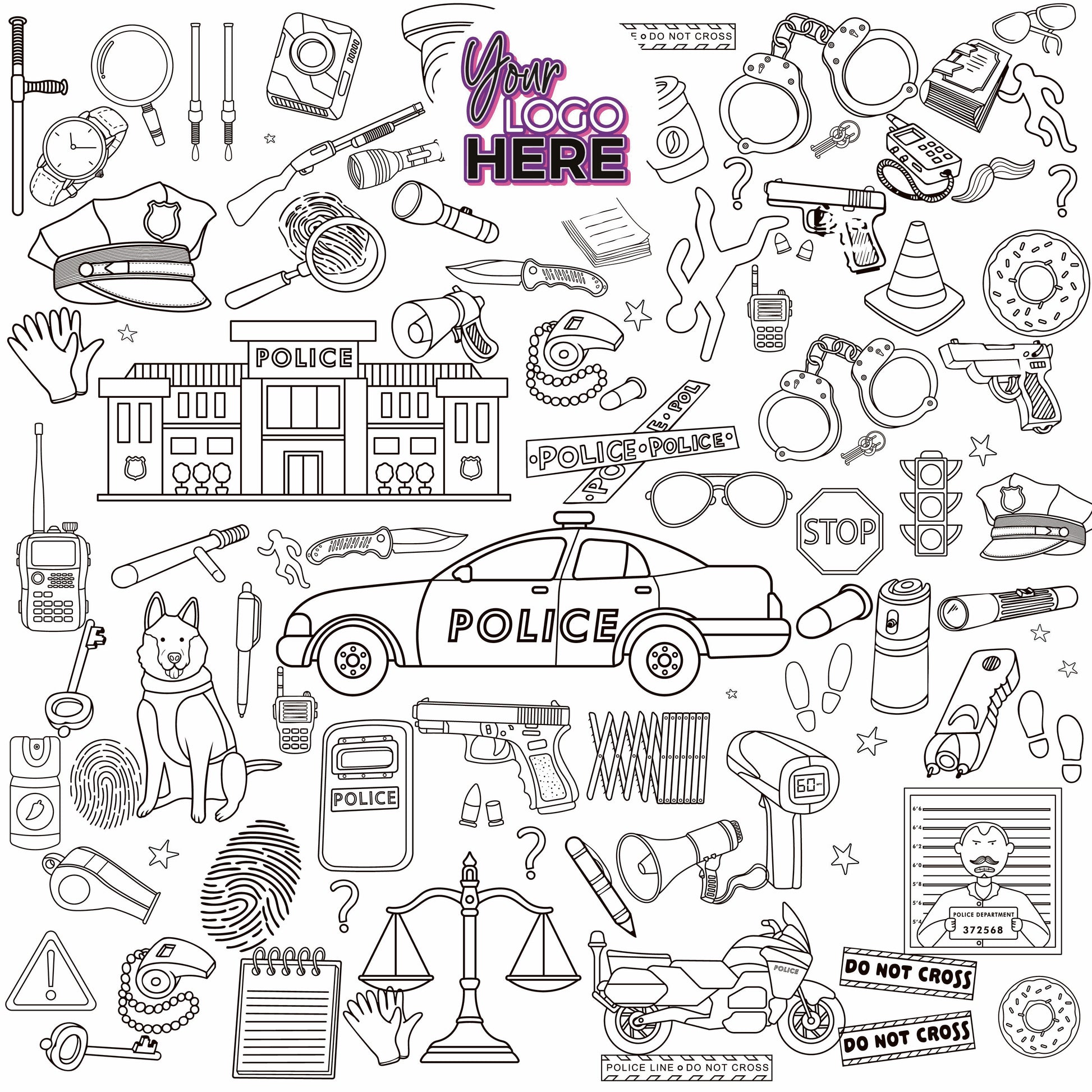 Police Adventure coloring wall with custom logo placement, 48x48 inches