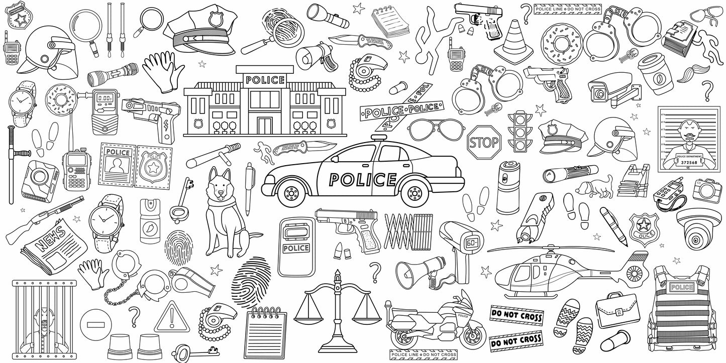 Police Adventure giant coloring wall mural, 48x96 inches, patrol car and K-9 line art for kids birthday parties