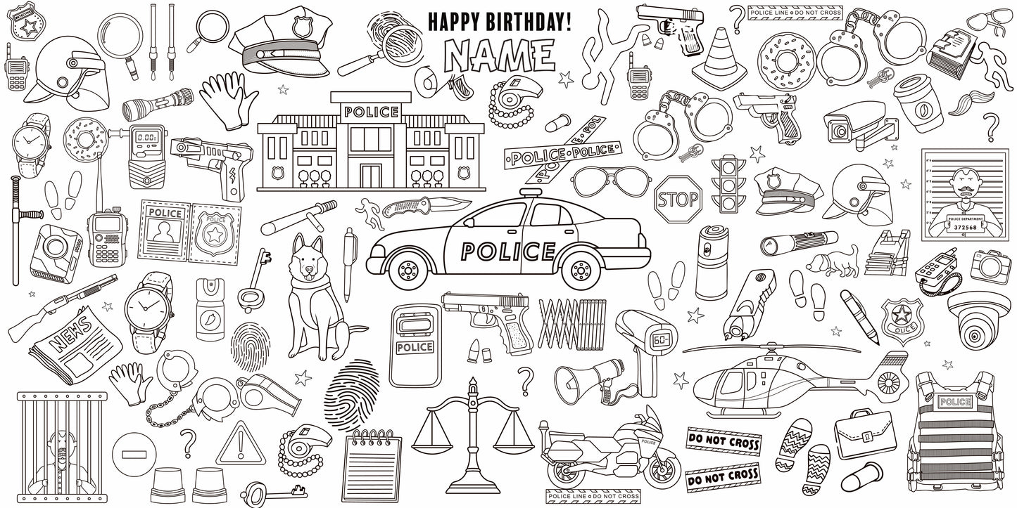 Police Adventure coloring wall with Happy Birthday message, 48x96 inches