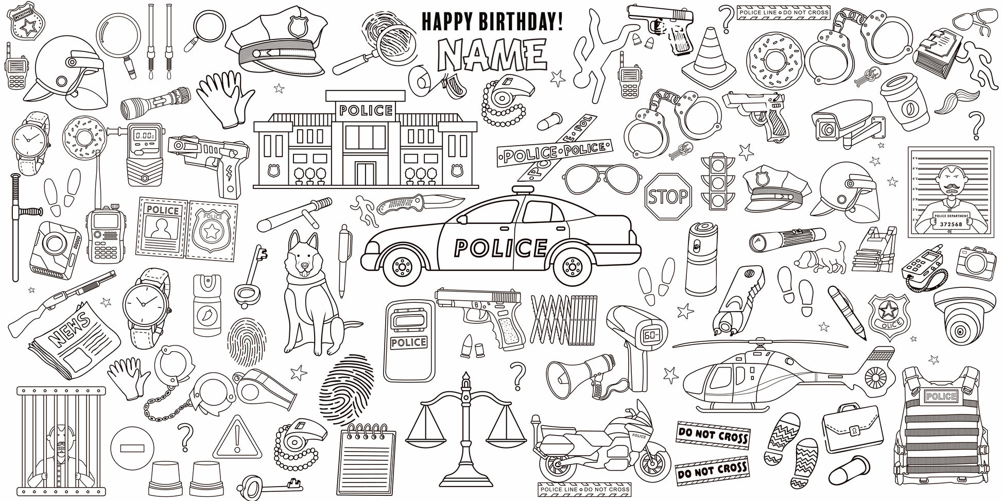 Police Adventure coloring wall with Happy Birthday message, 48x96 inches