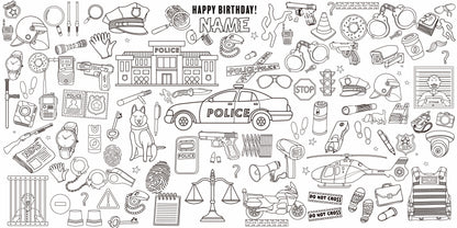 Police Adventure coloring wall with Happy Birthday message, 48x96 inches