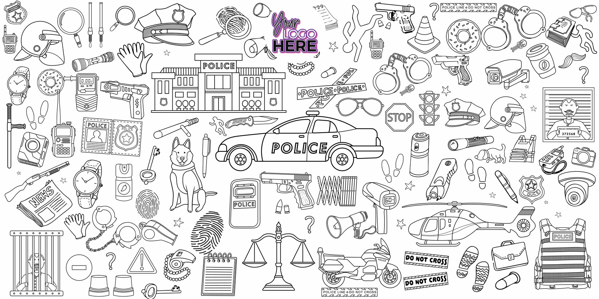 Police Adventure coloring wall with custom logo placement, 48x96 inches