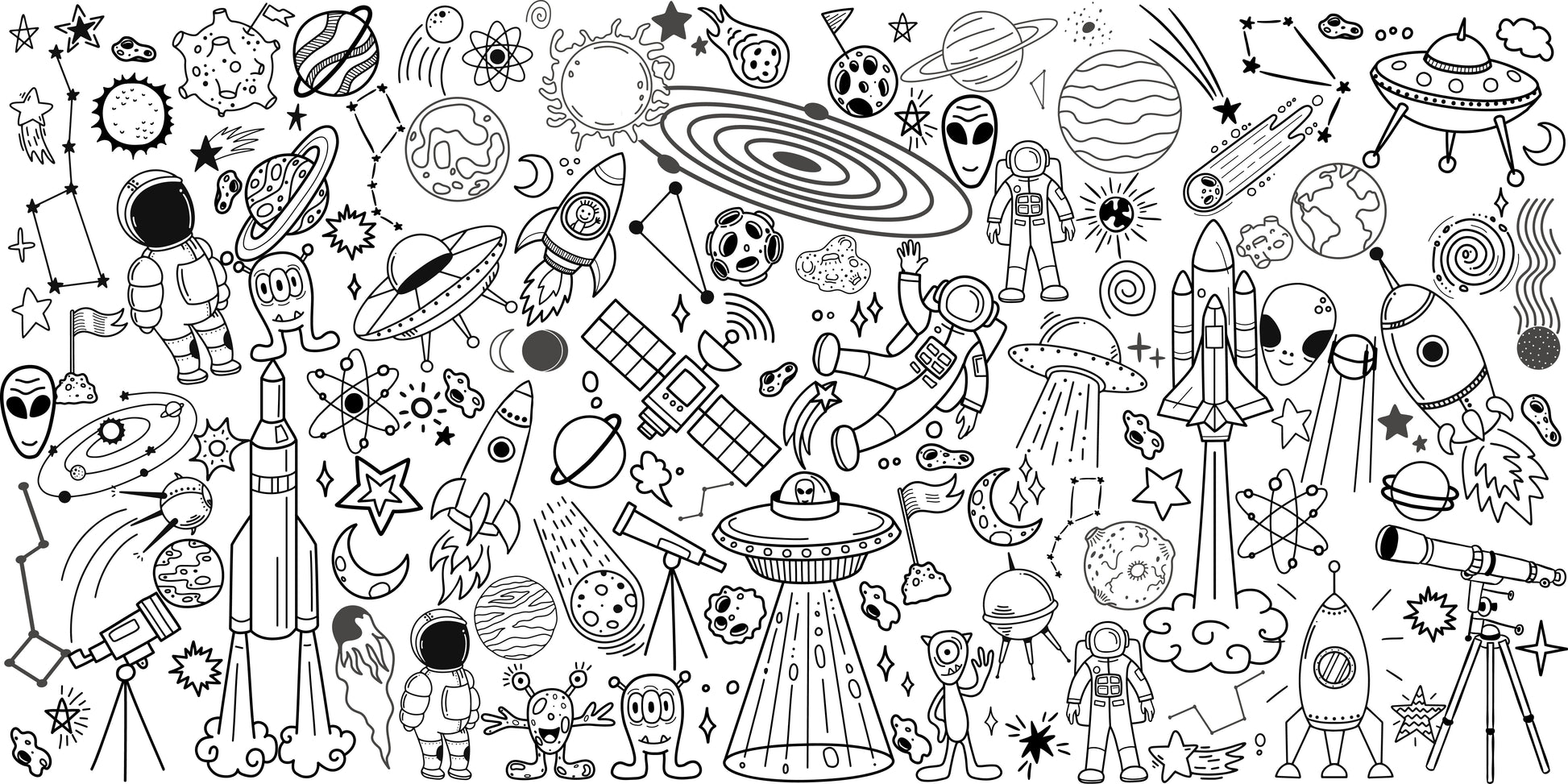 Space Adventure giant coloring wall mural, 48x96 inches, rockets and astronauts line art for kids birthday parties