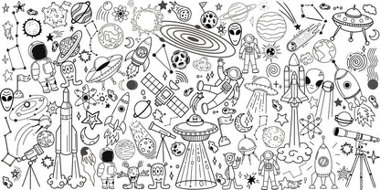 Space Adventure giant coloring wall mural, 48x96 inches, rockets and astronauts line art for kids birthday parties