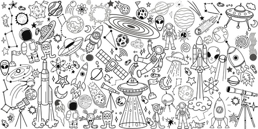 Space Adventure giant coloring wall mural, 48x96 inches, rockets and astronauts line art for kids birthday parties