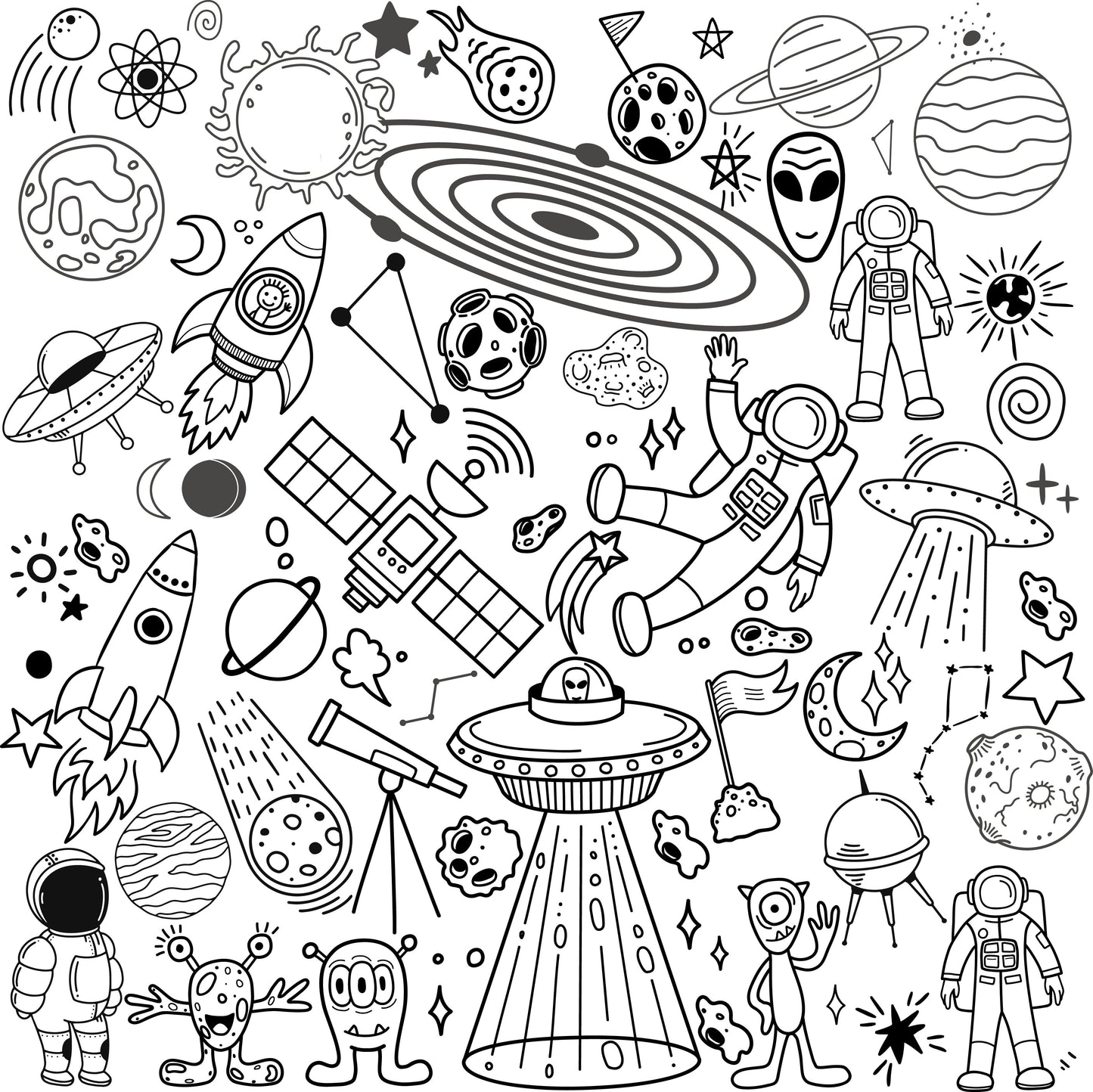 Space Adventure giant coloring wall, 48x48 inches, space and alien themed line art