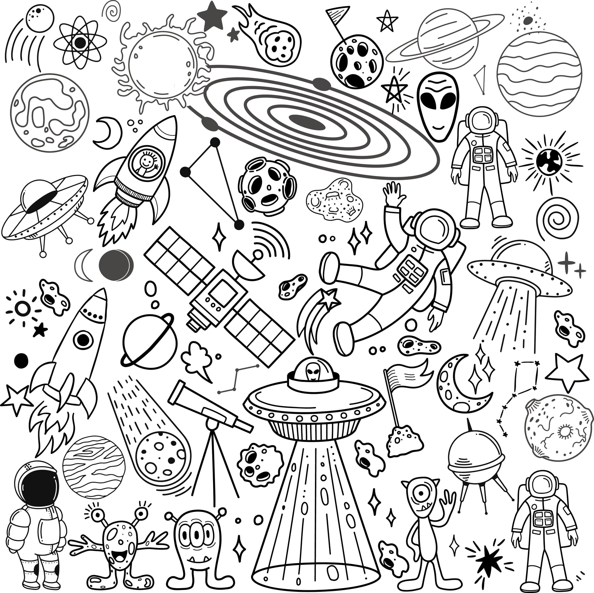 Space Adventure giant coloring wall, 48x48 inches, space and alien themed line art