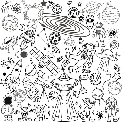 Space Adventure giant coloring wall, 48x48 inches, space and alien themed line art
