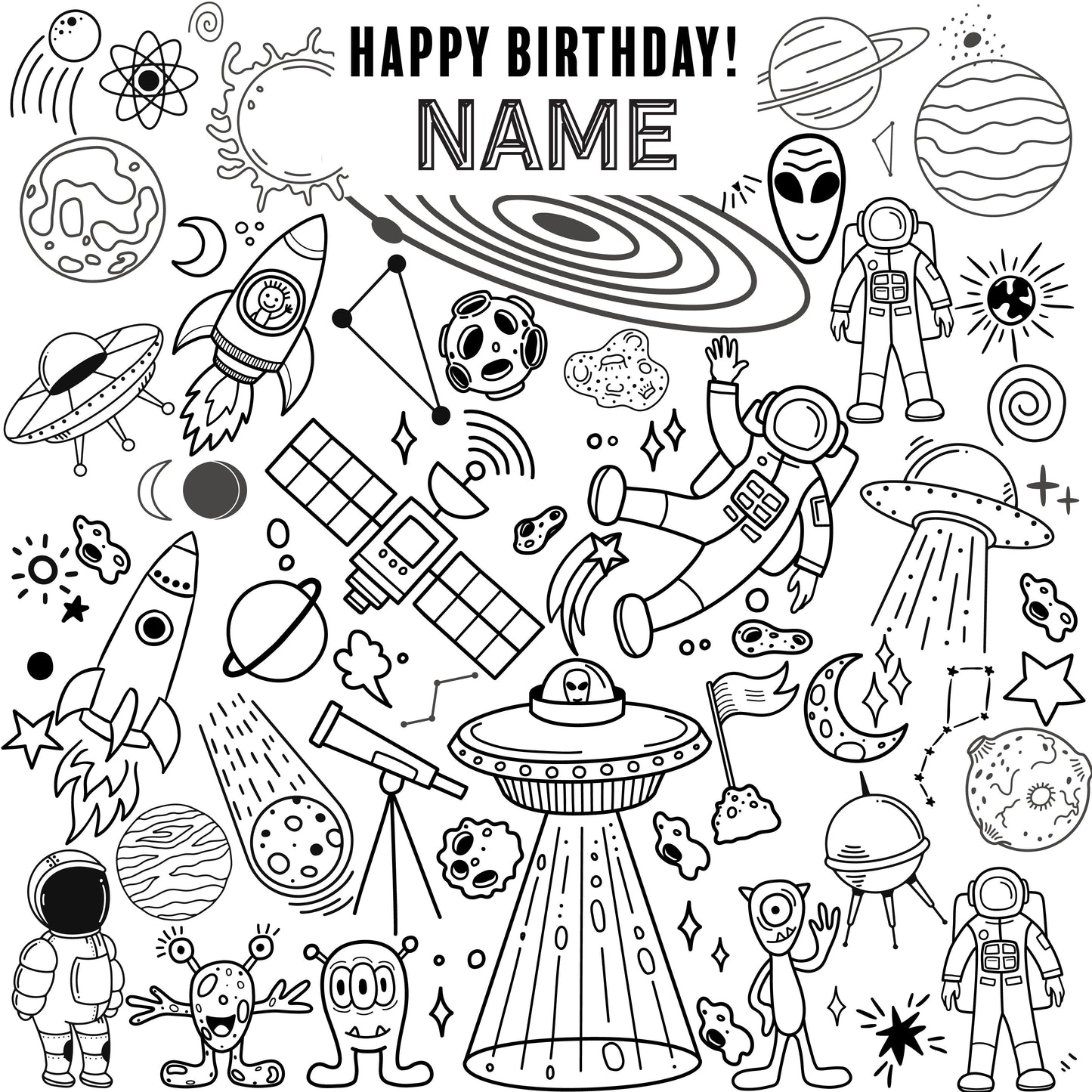 Space Adventure coloring wall with Happy Birthday message, 48x48 inches