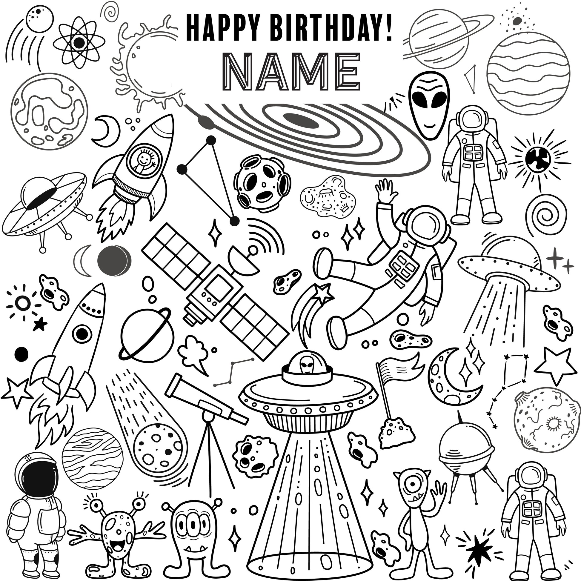 Space Adventure coloring wall with Happy Birthday message, 48x48 inches