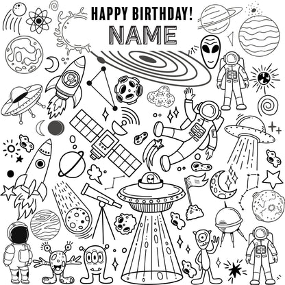 Space Adventure coloring wall with Happy Birthday message, 48x48 inches