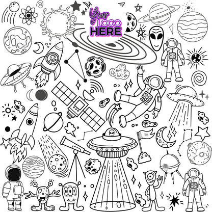 Space Adventure coloring wall with custom logo placement, 48x48 inches