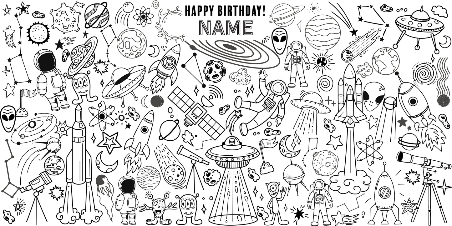 Space Adventure coloring wall with Happy Birthday message, 48x96 inches