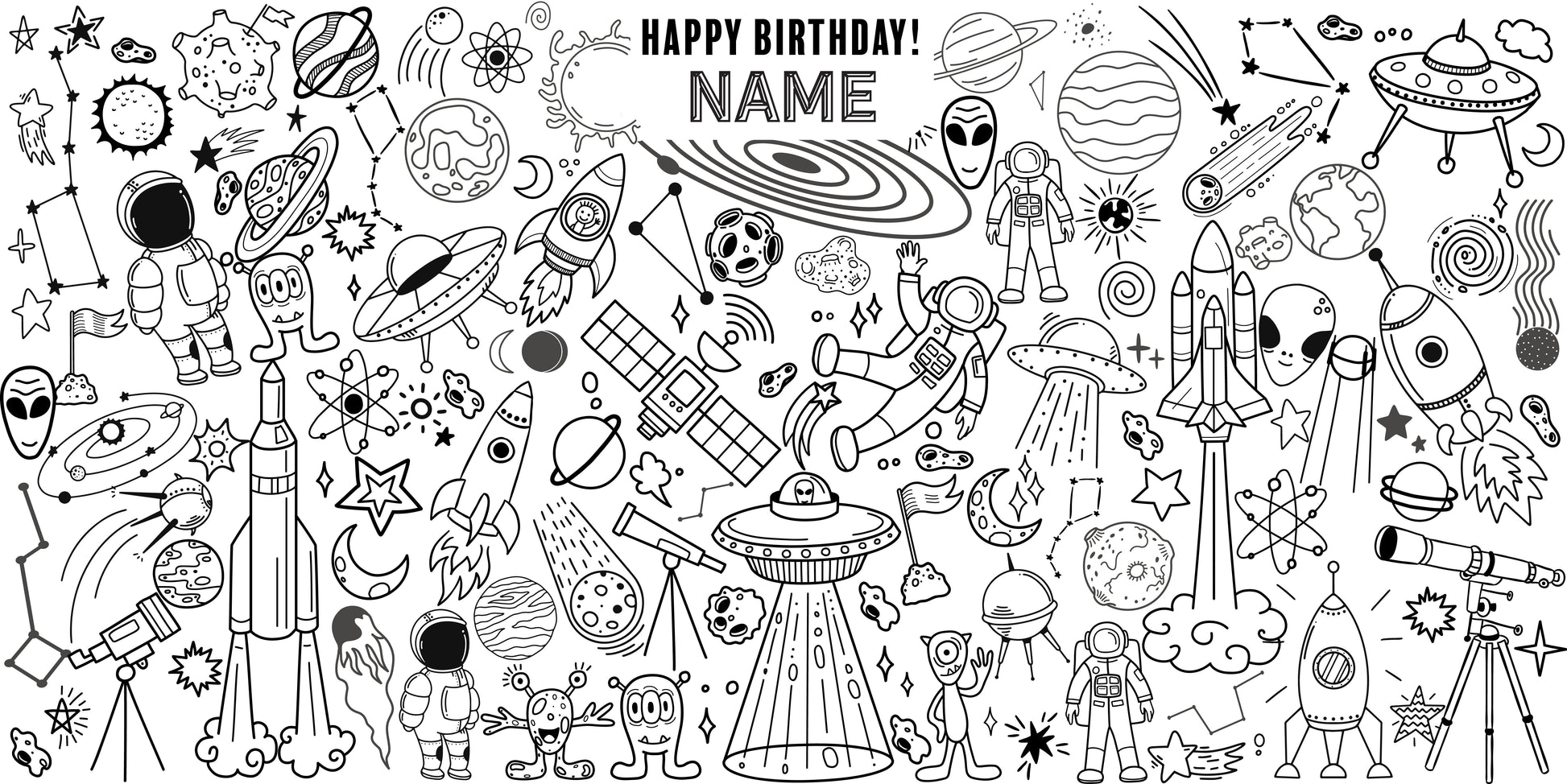 Space Adventure coloring wall with Happy Birthday message, 48x96 inches