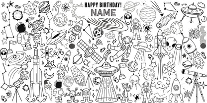 Space Adventure coloring wall with Happy Birthday message, 48x96 inches