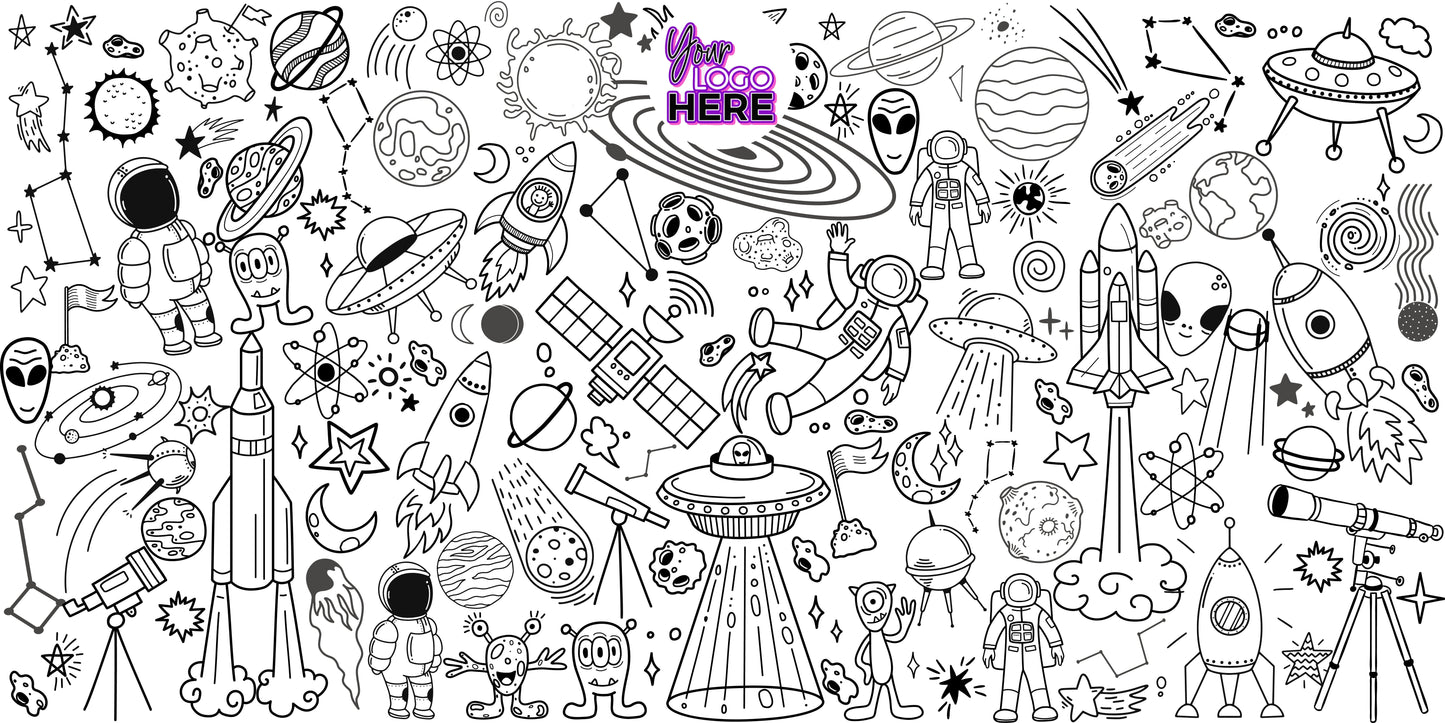 Space Adventure coloring wall with custom logo placement, 48x96 inches