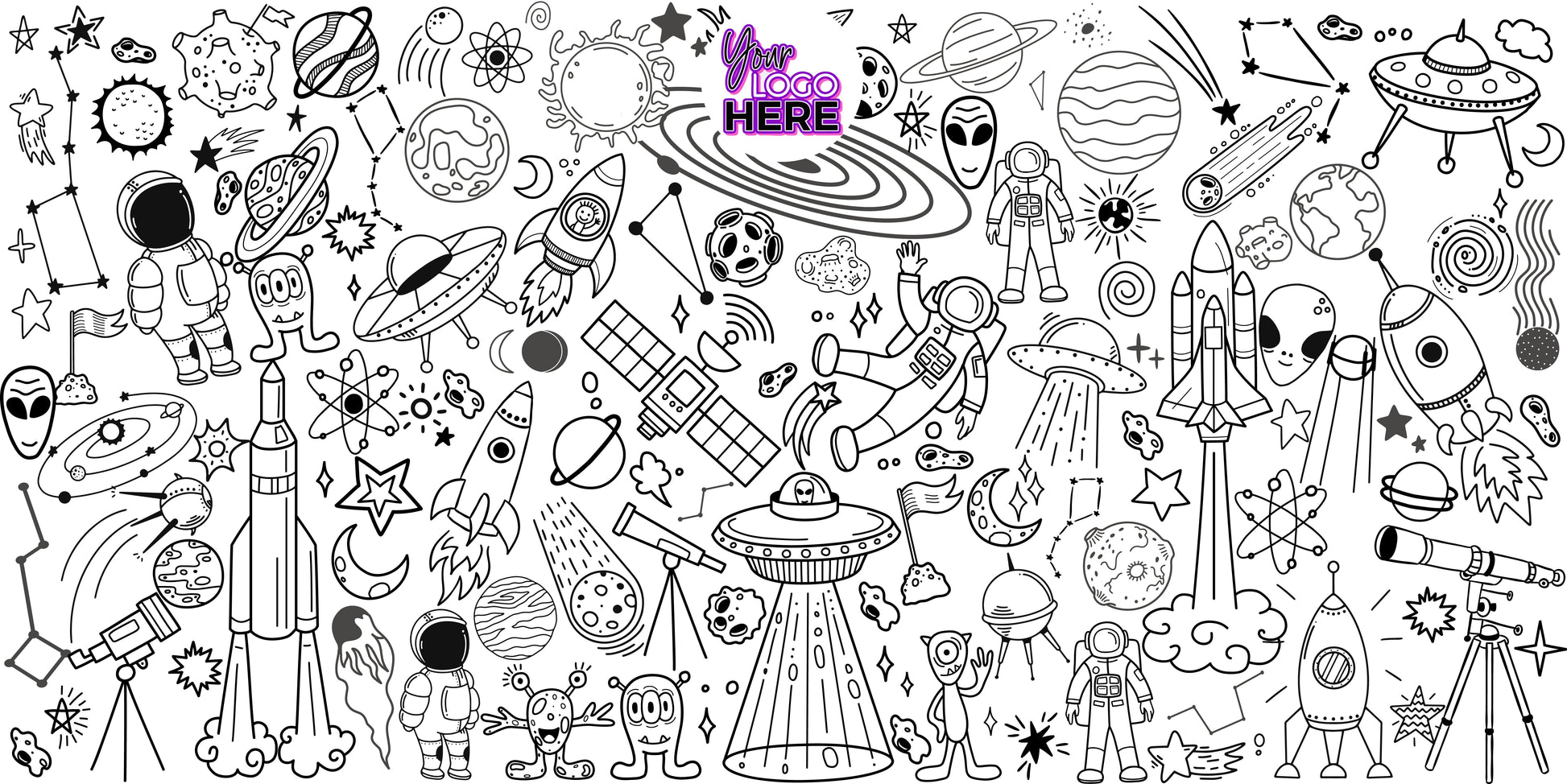Space Adventure coloring wall with custom logo placement, 48x96 inches